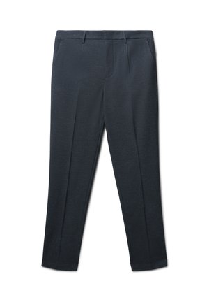 Pantalon ajusté gris foncé fabriqué dans un tissu texturé avec un design à jambe droite, comportant des plis à l'avant et une taille plate.