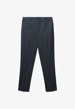 Dunkelgraue maßgeschneiderte Hose aus einem strukturierten Stoff mit geradem Bein, ausgestattet mit Bundfalten und einem flachen Bund.