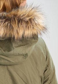 Green parka with a fur-lined hood. The fur features shades of beige and brown, adding texture to the smooth outer shell.