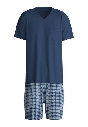 Mannen navy blue short-sleeve V-hals top met borstzakje, gecombineerd met blauwe met patroonshorts.