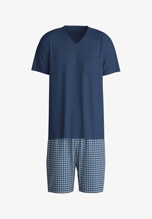 Mannen navy blue short-sleeve V-hals top met borstzakje, gecombineerd met blauwe met patroonshorts.