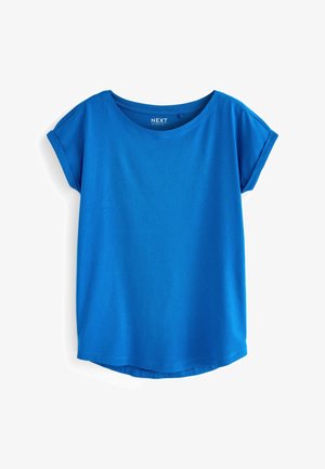 T-shirt bleu à manches courtes en coton doux, avec un col rond, une coupe décontractée et un ourlet arrondi. Étiquette au niveau du col.