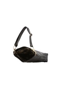 Borsa a spalla in pelle nera con tracolla regolabile, hardware dorato e parte superiore con zip aperta che mostra l'interno rivestito in tessuto a quadri.