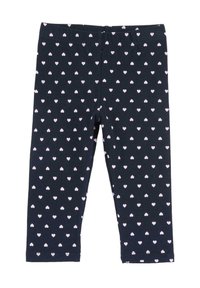 Marineblauwe leggings met een zachte textuur, voorzien van een patroon van kleine roze hartjes die gelijkmatig zijn verspreid. Elastische tailleband voor comfort.
