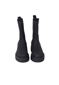 Black leather ankle boots with a smooth texture, pull tabs on the sides, and chunky rubber soles for added grip and durability.