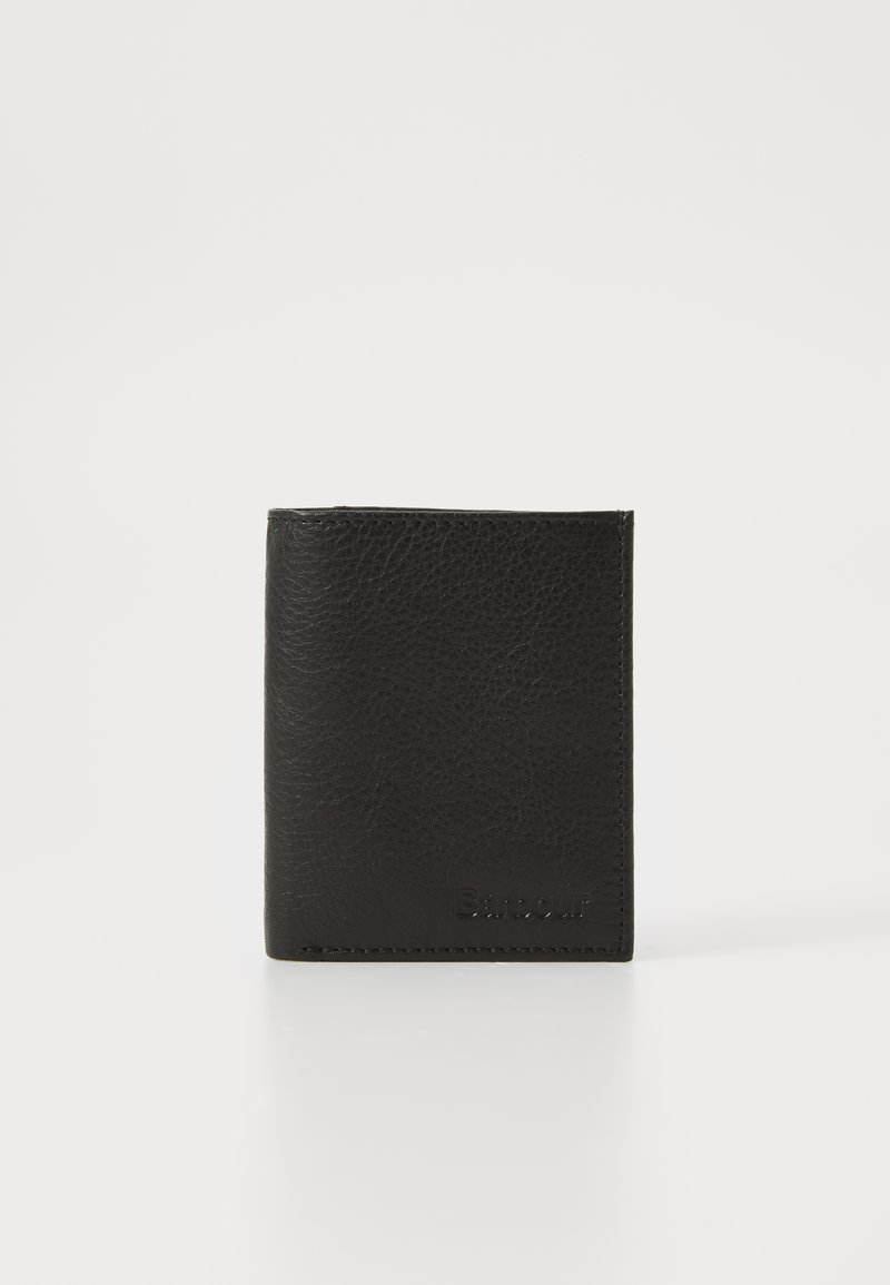 Black leather wallet with a textured finish, bi-fold design, and embossed logo. Smooth edges and minimalist shape with no visible hardware.