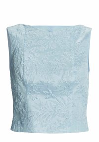 Crop top sans manches bleu clair en tissu jacquard floral texturé avec un décolleté droit.