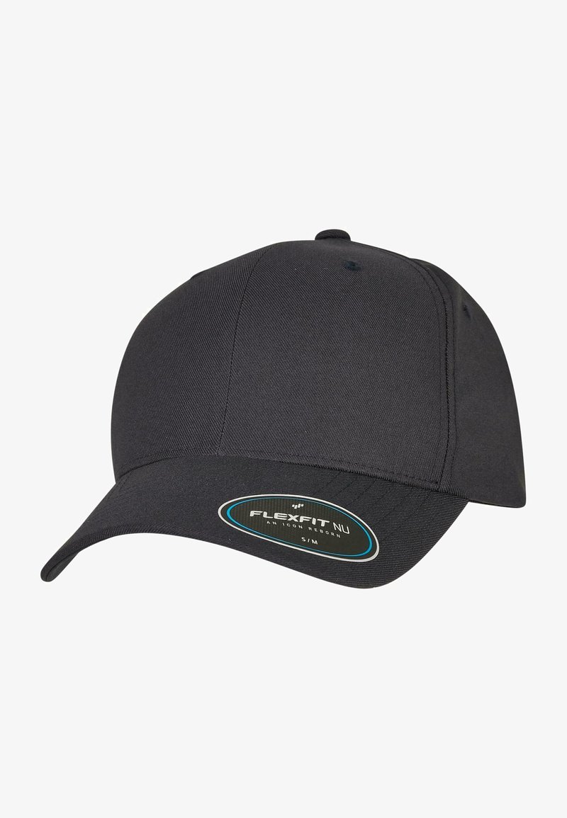 Black baseball cap with a flat brim and stitched detailing. Features a Flexfit label on the side, made from fabric with a smooth texture.