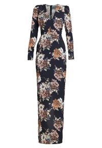 Long black floral dress with brown, white, and pink flowers, long sleeves, a fitted waist, and a V-neckline with a center seam detail.
