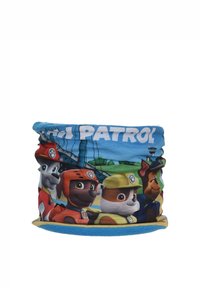 Tube en tissu bleu avec des chiens de dessin animé de "Paw Patrol". Le design comprend des personnages colorés et le logo, avec une bordure en polaire douce à l'intérieur.