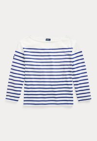 Long-sleeve top featuring white fabric with navy blue horizontal stripes, a wide neckline, and a small logo on the sleeve.
