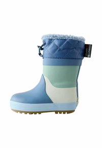 Waterproof rubber boot in blue and green, featuring a quilted top with soft fur trim, a rounded toe, and textured sole for grip.