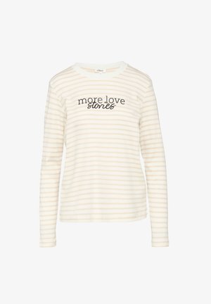 Langärmliges gestreiftes Oberteil in Creme und Hellbeige, mit dem Text "more love stories" in schwarzer Schreibschrift über der Brust.