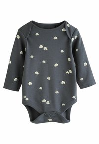 Combinaison grise à manches longues avec de petits motifs de rainbow blancs. Présente un col rond, une fermeture à boutons pression en bas, et un tissu doux et extensible.