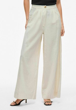 Pantalons beige à jambe large en tissu texturé avec des plis, dotés d'une fermeture à bouton et de poches latérales, associés à des talons noirs à lanières.