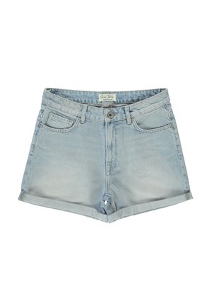 Lichtblauwe denimshorts met een hoge taille, omgeslagen manchetten, vo pockets en een merklabel zichtbaar op de tailleband. Gladde textuur.