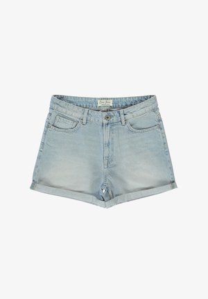 Lichtblauwe denimshorts met een hoge taille, omgeslagen manchetten, vo pockets en een merklabel zichtbaar op de tailleband. Gladde textuur.