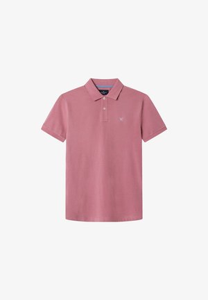 Polo tričko s krátkym rukávom v tlmených ružových bavlnených odtieňoch, s golierom a dvojitou gombíkovou légou; obsahuje malé vyšívané logo na hrudi.