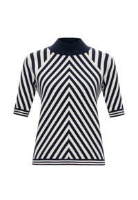 Pruhovaný pletený svetr s vysokým límcem, který má námořnické a krémové chevron vzory. Krátké rukávy a ribované manžety dotvářejí celkový design.