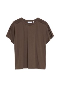 Blouse marron à manches courtes avec encolure ronde et détails plissés sur les épaules, taille 36 et marque Comma.