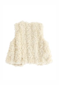 Kunstfellweste in Creme mit einer strukturierten, flauschigen Oberfläche. Ärmeloses Design, runder Halsausschnitt und unregelmäßiger Saum für einen lässigen Look.