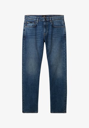 Blauwe denim jeans met een klassieke snit, recht model, vijf zakken en subtiele vervagingdetails op de stof.