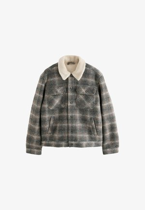 Gray plaid jacket made of textured fabric, featuring a cream faux shearling collar, two chest pockets, and side hand pockets.