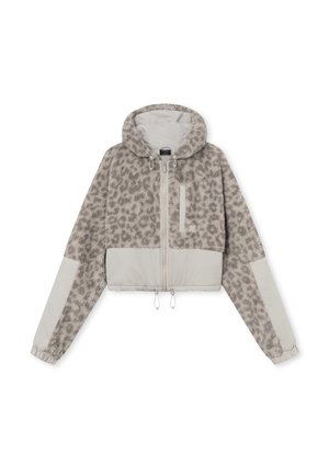 Kort hættetrøje med gråt leopardprint fleece, ensfarvet lysegrå panel nederst, lynlås foran og elastiske manchetter på lange ærmer.