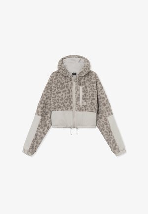 Gekürzte Kapuzenjacke aus grauem Leopardenmuster-Fleece, durchgehendes hellgraues Panel am unteren Teil, Reißverschluss vorne und elastische Bündchen an den langen Ärmeln.