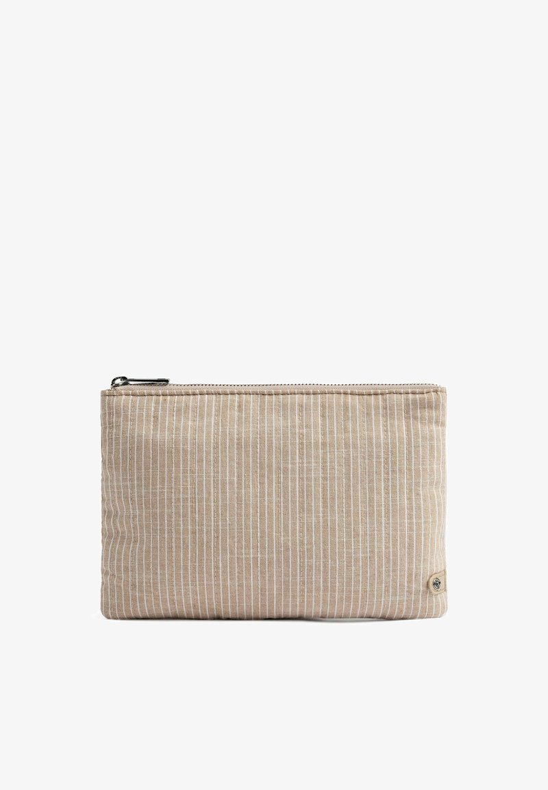 Beige striped fabric pouch with a zip closure and a small logo tag. Textured surface with white vertical stripes, rectangular shape.
