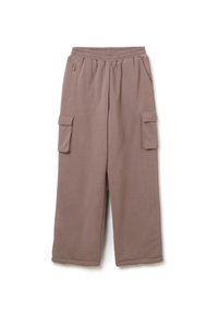 Bruine cargobroek van zachte stof, met een elastische tailleband, twee grote zijzakken en een relaxed fit.