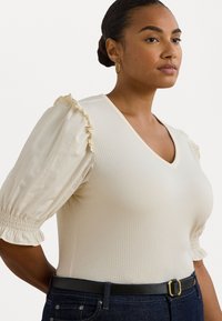 Lauren Ralph Lauren Woman RIB KNIT COTTON BLEND PUFF SLEEVE TOP - T-shirt con stampa - mascarpone cream