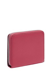 Reißverschluss-Wallet aus strukturiertem rosa Leder in rechteckiger Form, mit Reißverschlussdetails in Silber und schwarzem Innenraum.