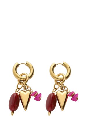Gold hoop earrings with hanging charms including a gold heart, a red oval bead, and small pink beads with gold accents.