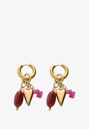 Gold hoop earrings with hanging charms including a gold heart, a red oval bead, and small pink beads with gold accents.