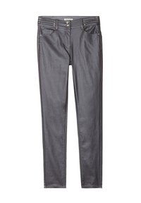 Jean en denim gris avec une coupe slim, fermeture à bouton, et accents de couture verticale sur la taille et les coutures latérales. Texture lisse.