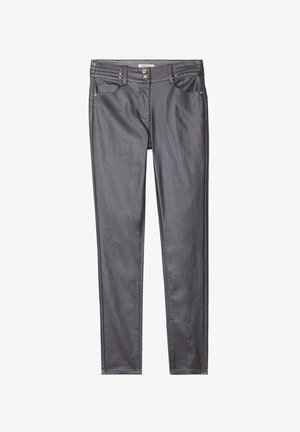 Gray denim jeans featuring a slim fit, button closure, and vertical stitch accents on the waistband and side seams. Smooth texture.