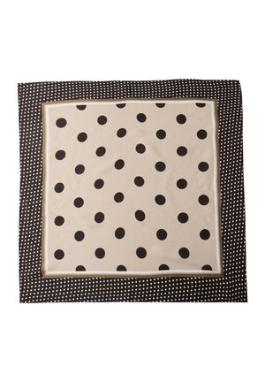 Foulard quadrato con grandi pois neri su centro beige e piccoli pois bianchi su bordo nero.