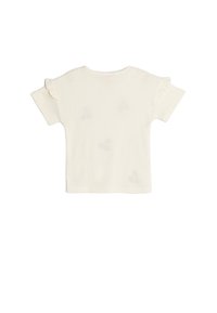 Kremowa t-shirt z krótkim rękawem, prążkowana faktura, falbaniaste rękawy, okrągły dekolt, luźny krój, widoczne metki na plecach.