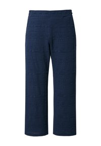 Pantaloni a gamba larga blu navy con motivi geometrici testurizzati, vita elastica e finitura in tessuto liscia. Adatti per un abbigliamento casual.