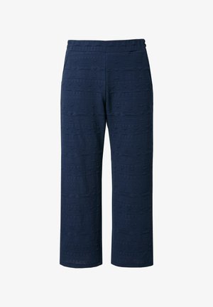 Pantaloni a gamba larga blu navy con motivi geometrici testurizzati, vita elastica e finitura in tessuto liscia. Adatti per un abbigliamento casual.