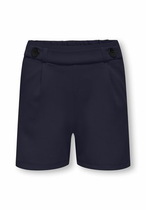 Pantaloncini sartoriali blu navy con vita elastica, bottoni decorativi sui lati e dettagli di cucitura frontale pulita.