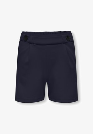 Pantaloncini sartoriali blu navy con vita elastica, bottoni decorativi sui lati e dettagli di cucitura frontale pulita.