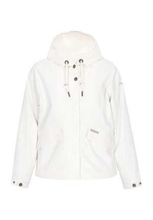 Hvid vandtæt jakke med hætte, snøre i taljen, to forlommer og knapmanchetter. Glat tekstur med få designmæssige detaljer.