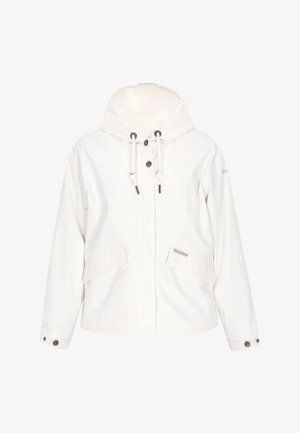 Fehér vízálló dzseki kapucnival, húzózsinóros záródással, két elülső zsebbel és gombos mandzsettával. Simapréselt felület, minimális díszítő elemekkel.