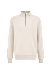 Pullover beige chiaro con colletto alto, chiusura con mezza zip, maniche lunghe e polsini e orlo a costine. Texture liscia con design minimale.