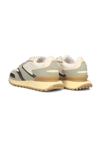 Gray and beige athletic shoes featuring a mix of textured fabric and smooth materials, with a chunky cream-colored sole and reflective accents.