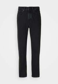 Black denim jeans with a straight leg design, featuring a button and zipper closure, front pockets, and subtle texture.