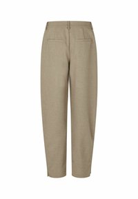 Pantalon beige à jambes droites avec passants pour ceinture, deux poches passepoilées à l'arrière et petites fentes latérales à l'ourlet.