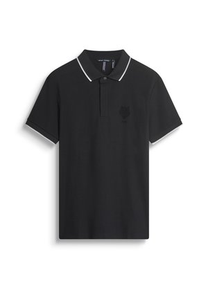 Polo shirt noir à manches courtes avec bord blanc au col et aux manches, patte de boutonnage et logo brodé sur le côté gauche de la poitrine.